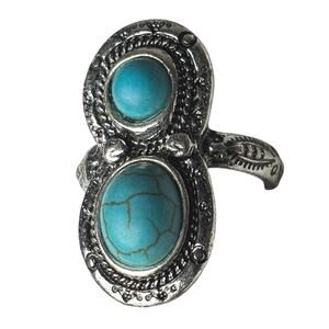Vintage Faux Turquoise Double Cabochon Silver Tone Ring Boho Southwestern 7.5